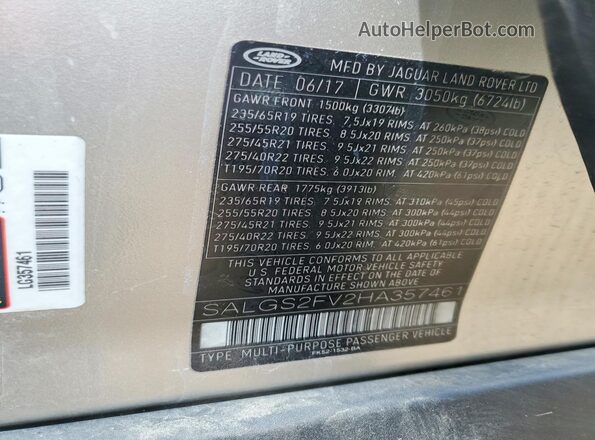 SALGS2FV2HA357461 2017 LAND ROVER RANGE Silver VIN კოდის სტიკერის ხედი