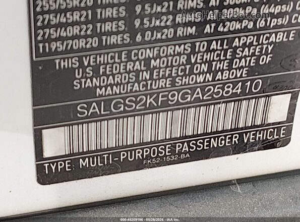 SALGS2KF9GA258410 2016 LAND ROVER RANGE ROVER White ძრავის განყოფილების ხედი