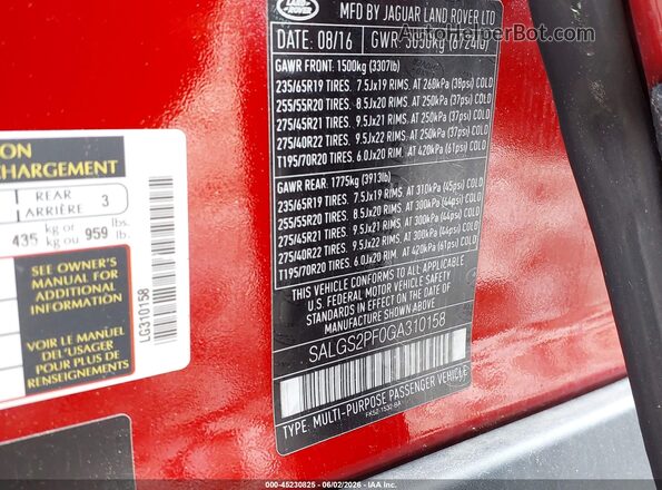 SALGS2PF0GA310158 2016 LAND ROVER RANGE ROVER Red 