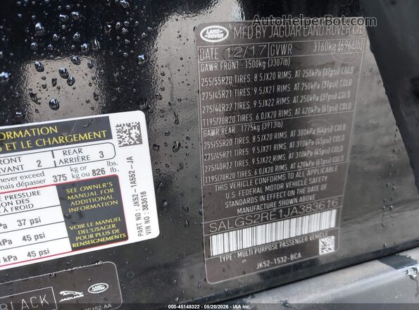 SALGS2RE1JA383616 2018 LAND ROVER RANGE ROVER Black Widok komory silnika
