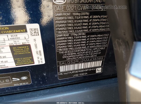 SALGS2RU2MA438389 2021 LAND ROVER RANGE ROVER Черный Вид подкапотного пространства