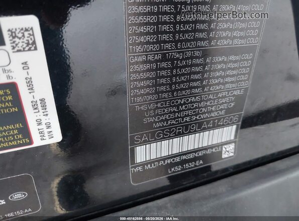 SALGS2RU9LA414606 2020 LAND ROVER RANGE ROVER Черный Вид подкапотного пространства