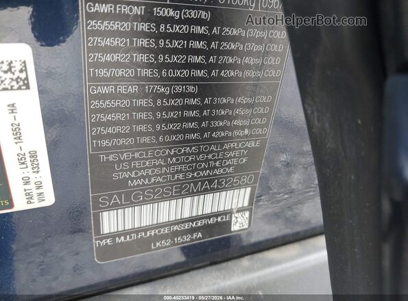 SALGS2SE2MA432580 2021 LAND ROVER RANGE ROVER Blue Vista del compartimento del motor