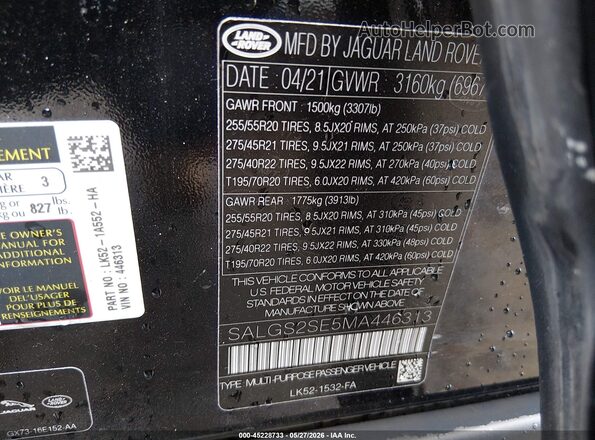 SALGS2SE5MA446313 2021 LAND ROVER RANGE ROVER Black Widok komory silnika
