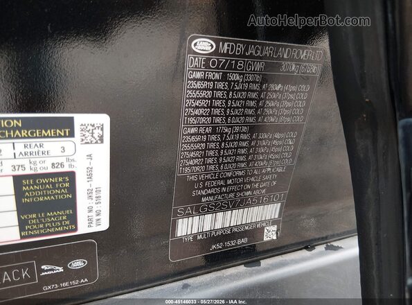 SALGS2SV7JA516101 2018 LAND ROVER RANGE ROVER Black Widok komory silnika