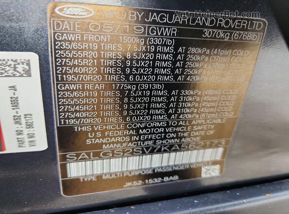SALGS2SV7KA562173 2019 LAND ROVER RANGE Gray 