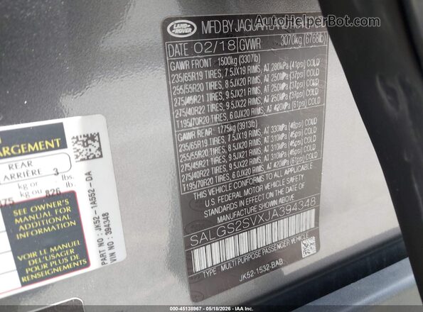 SALGS2SVXJA394348 2018 LAND ROVER RANGE ROVER Gray Vista del compartimento del motor