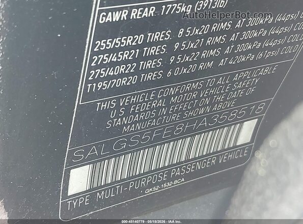 SALGS5FE8HA358518 2017 LAND ROVER RANGE ROVER Black Շարժիչի բաժամունքի տեսք