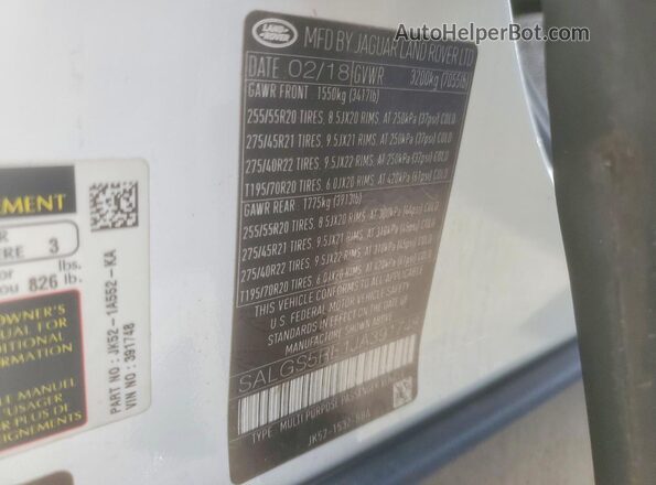 SALGS5RE1JA391748 2018 LAND ROVER RANGE White VIN კოდის სტიკერის ხედი