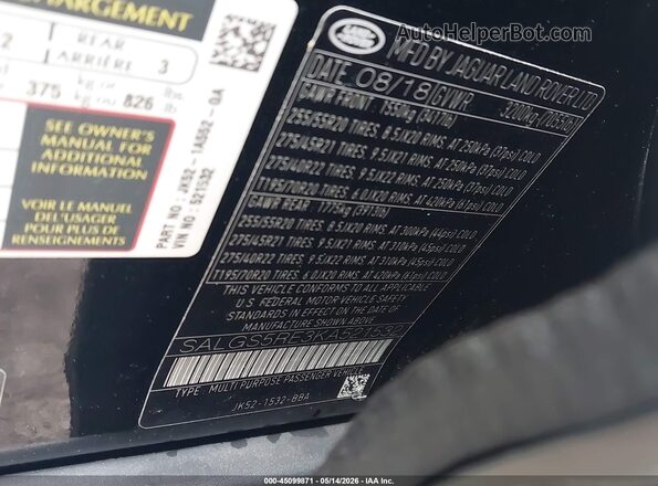 SALGS5RE3KA521532 2019 LAND ROVER RANGE ROVER Black Vista del compartimento del motor