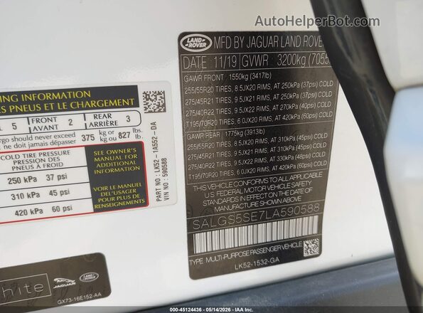 SALGS5SE7LA590588 2020 LAND ROVER RANGE ROVER White Engine compartment view