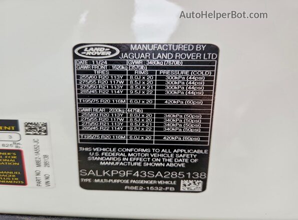 SALKP9F43SA285138 2025 LAND ROVER RANGE White VIN sticker view