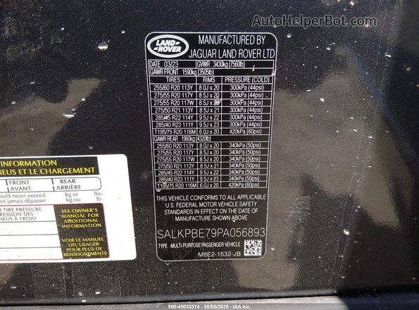 SALKPBE79PA056893 2023 LAND ROVER RANGE ROVER Серый Вид подкапотного пространства