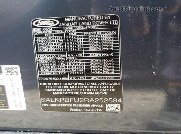 SALKPBFU2RA252584 2024 LAND ROVER RANGE Gray VIN sticker view