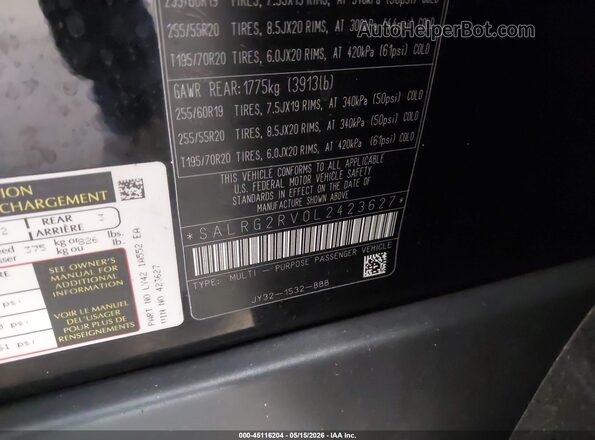 SALRG2RV0L2423627 2020 LAND ROVER DISCOVERY Black Engine compartment view