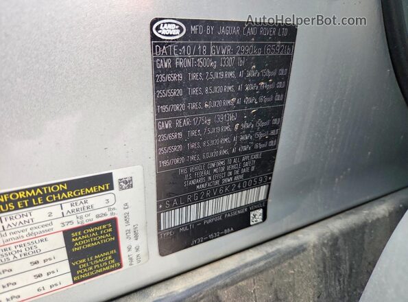 SALRG2RV6K2400593 2019 LAND ROVER DISCOVERY Silver Vista de la etiqueta del VIN