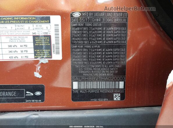 SALRHBBV1HA020003 2017 LAND ROVER DISCOVERY Orange Вид підкапотного простору