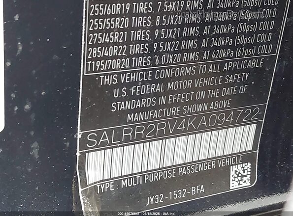 SALRR2RV4KA094722 2019 LAND ROVER DISCOVERY Black Vista del compartimento del motor