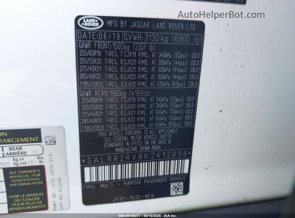 SALRR2RV8K2412898 2019 LAND ROVER DISCOVERY White ძრავის განყოფილების ხედი