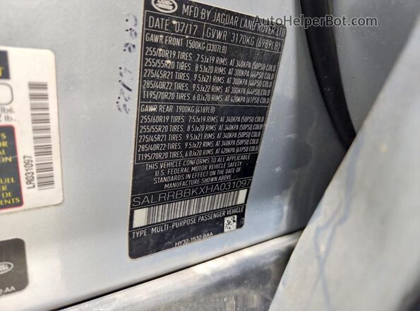 SALRRBBKXHA031097 2017 LAND ROVER DISCOVERY Silver Vista de la etiqueta del VIN