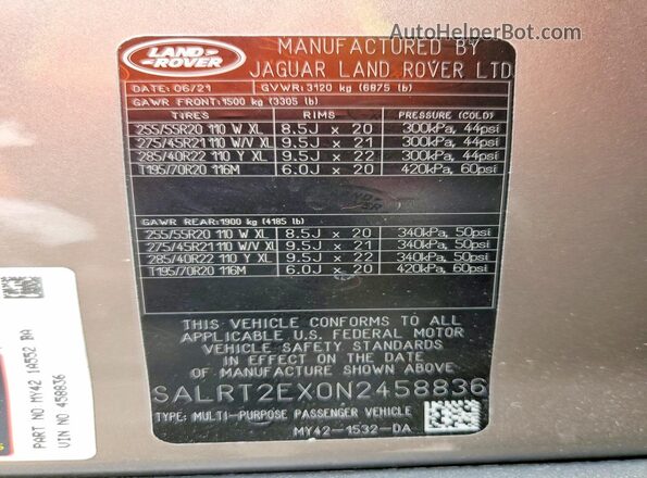 SALRT2EX0N2458836 2022 LAND ROVER DISCOVERY Tan VIN կոդի պիտակի տեսք