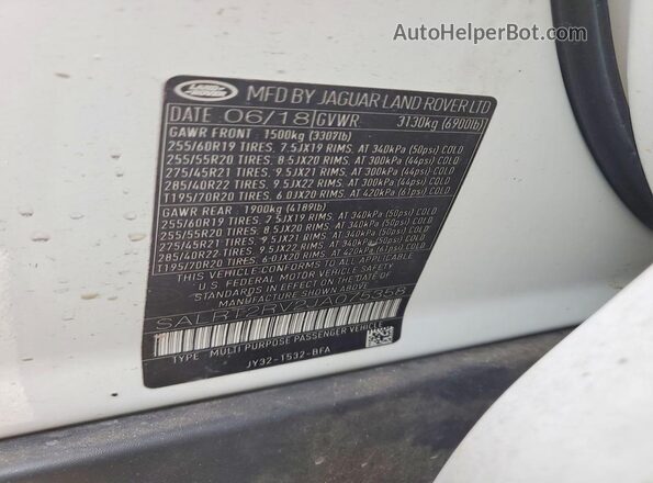 SALRT2RV2JA075358 2018 LAND ROVER DISCOVERY White Vista de la etiqueta del VIN