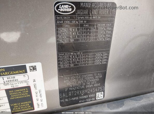 SALRT2RX8M2454753 2021 LAND ROVER DISCOVERY Pewter Vista del compartimento del motor