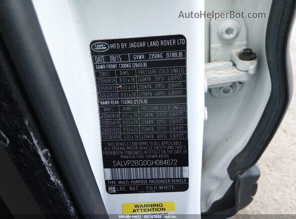 SALVP2BG0GH084672 2016 LAND ROVER RANGE ROVER EVOQUE White Vista del compartimento del motor