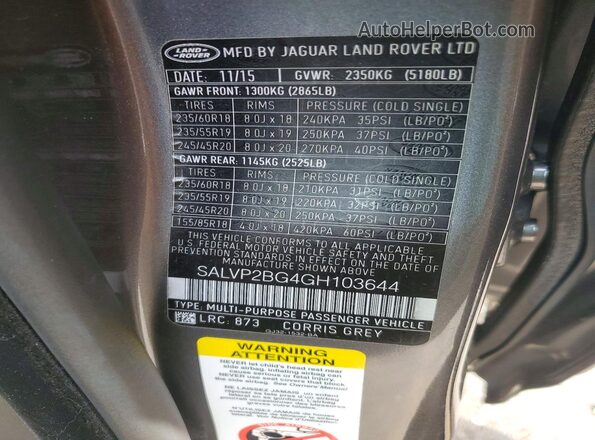 SALVP2BG4GH103644 2016 LAND ROVER RANGE Gray 