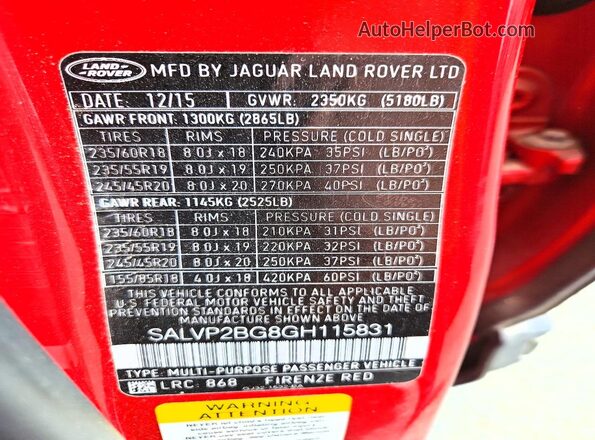 SALVP2BG8GH115831 2016 LAND ROVER RANGE Red 