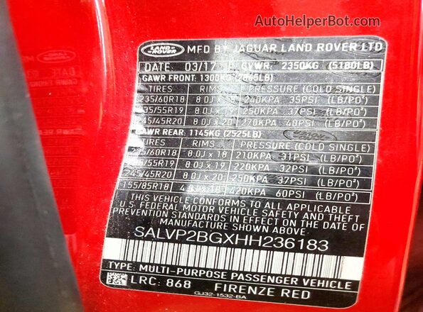 SALVP2BGXHH236183 2017 LAND ROVER RANGE Red 