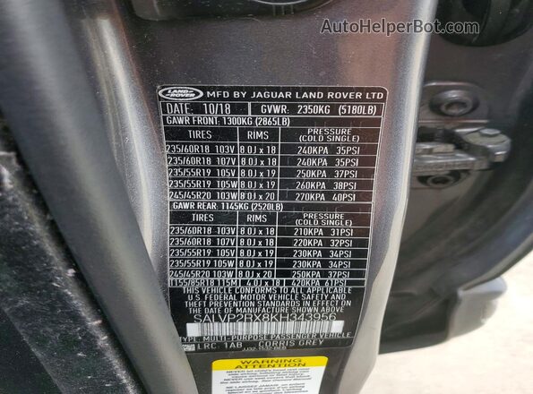 SALVP2RX8KH343956 2019 LAND ROVER RANGE Gray 