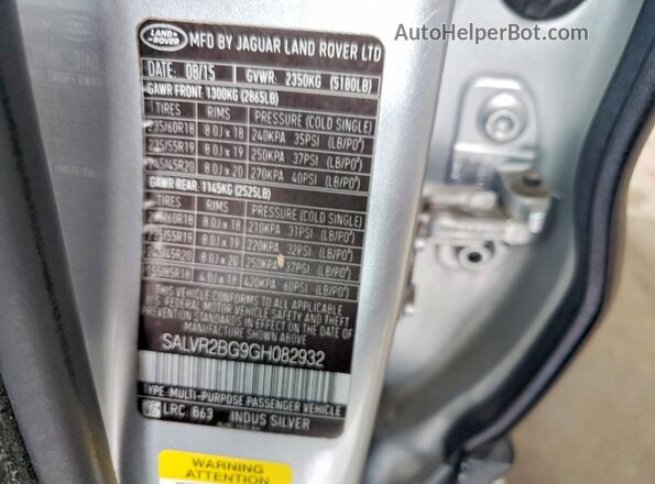 SALVR2BG9GH082932 2016 LAND ROVER RANGE Silver 