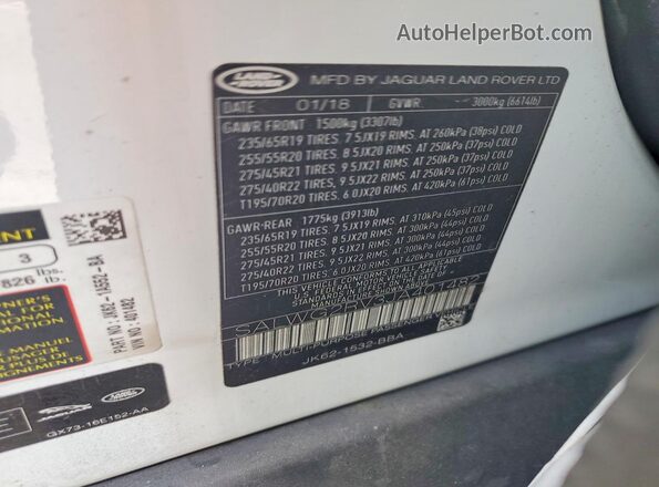 SALWG2RV3JA401482 2018 LAND ROVER RANGE White VIN կոդի պիտակի տեսք
