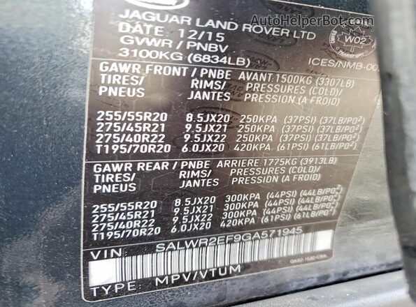 SALWR2EF9GA571945 2016 LAND ROVER RANGE Gray Widok naklejki z numerem VIN
