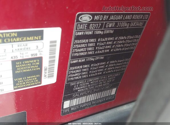 SALWR2FE3HA141867 2017 LAND ROVER RANGE ROVER SPORT Красный Вид подкапотного пространства