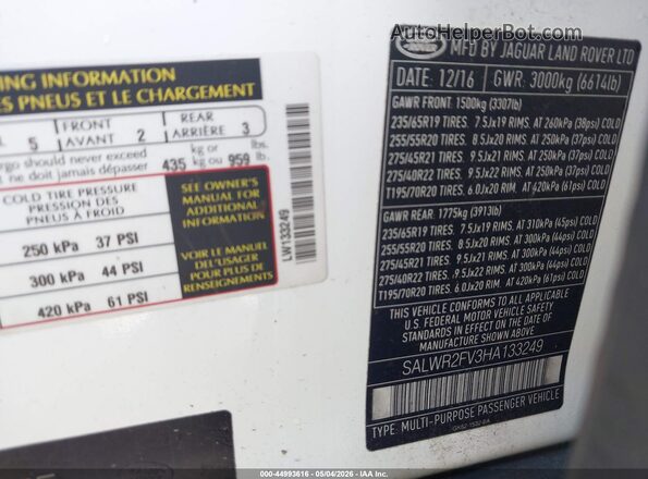 SALWR2FV3HA133249 2017 LAND ROVER RANGE ROVER SPORT White Vista del compartimento del motor