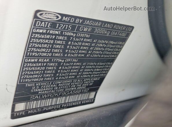 SALWR2KF9GA568192 2016 LAND ROVER RANGE White VIN կոդի պիտակի տեսք