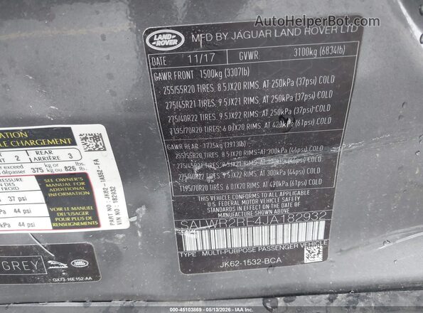 SALWR2RE4JA182932 2018 LAND ROVER RANGE ROVER SPORT Gray Vista del compartimento del motor