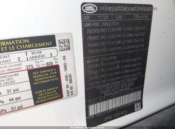 SALWR2RE6KA835357 2019 LAND ROVER RANGE ROVER SPORT White ძრავის განყოფილების ხედი