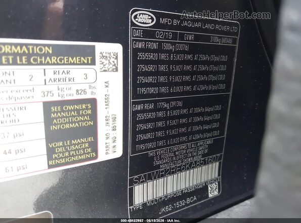 SALWR2RE6KA851607 2019 LAND ROVER RANGE ROVER SPORT Black Vista del compartimento del motor