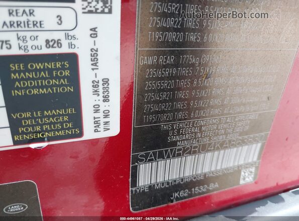 SALWR2RU4KA863830 2019 LAND ROVER RANGE ROVER SPORT Red Widok komory silnika