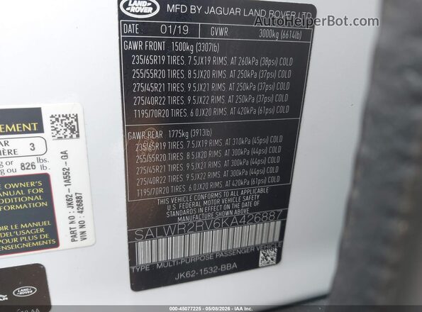 SALWR2RV6KA426887 2019 LAND ROVER RANGE ROVER SPORT White Widok komory silnika