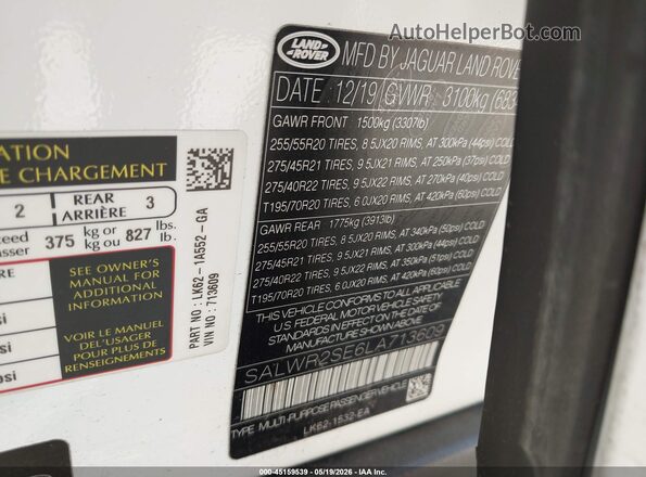 SALWR2SE6LA713609 2020 LAND ROVER RANGE ROVER SPORT White Widok komory silnika