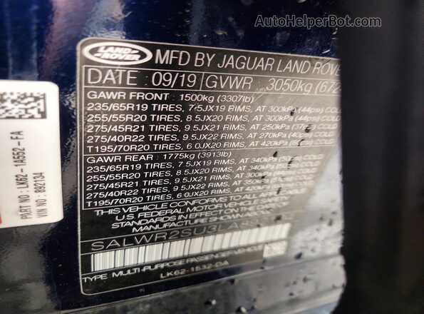 SALWR2SU3LA892134 2020 LAND ROVER RANGE Синий Вид наклейки с VIN-кодом