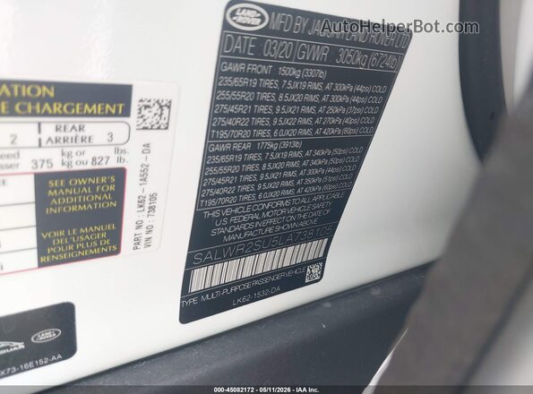 SALWR2SU5LA738105 2020 LAND ROVER RANGE ROVER SPORT White 