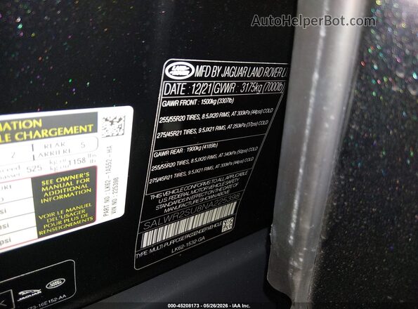 SALWR2SU8NA225398 2022 LAND ROVER RANGE ROVER SPORT Black Вид підкапотного простору