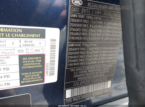 SALWR2VF1GA635203 2016 LAND ROVER RANGE ROVER SPORT Blue Вид підкапотного простору