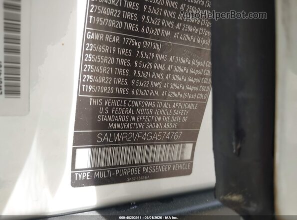 SALWR2VF4GA574767 2016 LAND ROVER RANGE ROVER SPORT Белый 