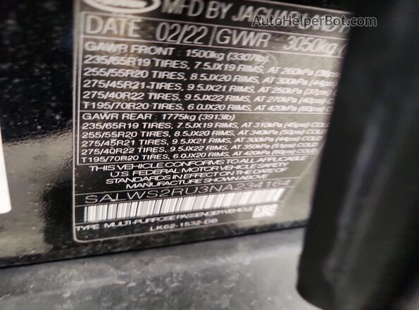 SALWS2RU3NA234164 2022 LAND ROVER RANGE Black 